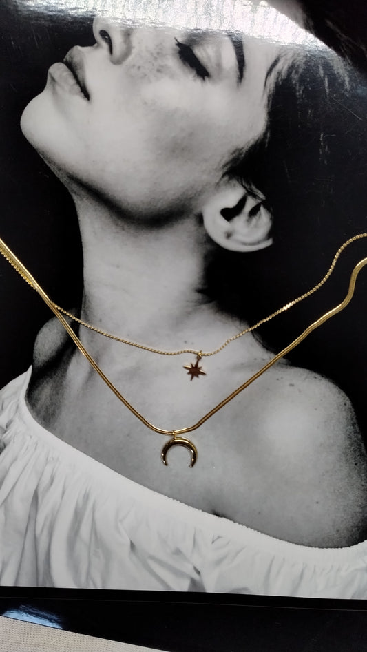 Collana Doppia Catena Stella e Mezzaluna in Acciaio | Nuara Bijoux