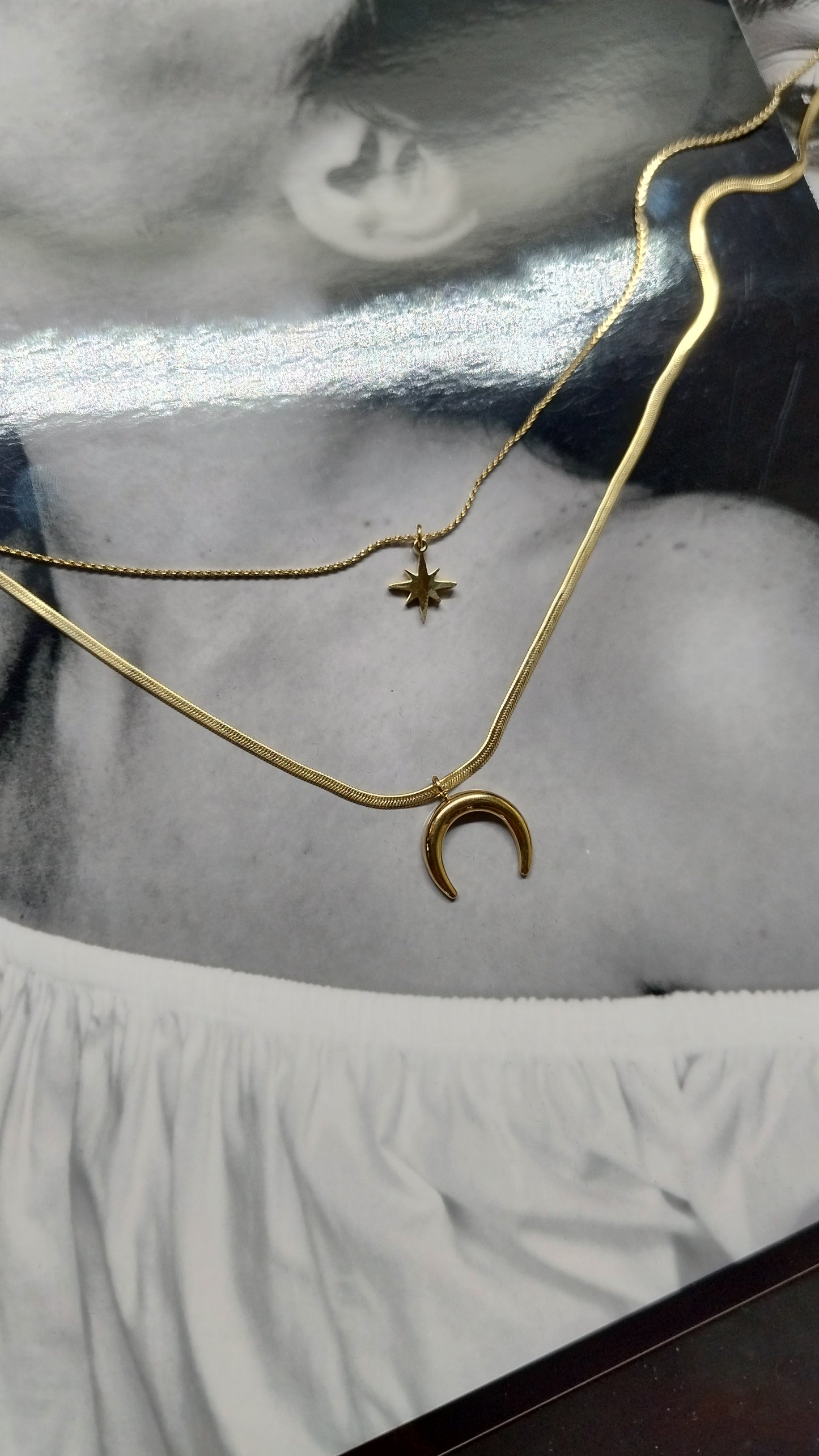 Collana Doppia Catena Stella e Mezzaluna in Acciaio | Nuara Bijoux