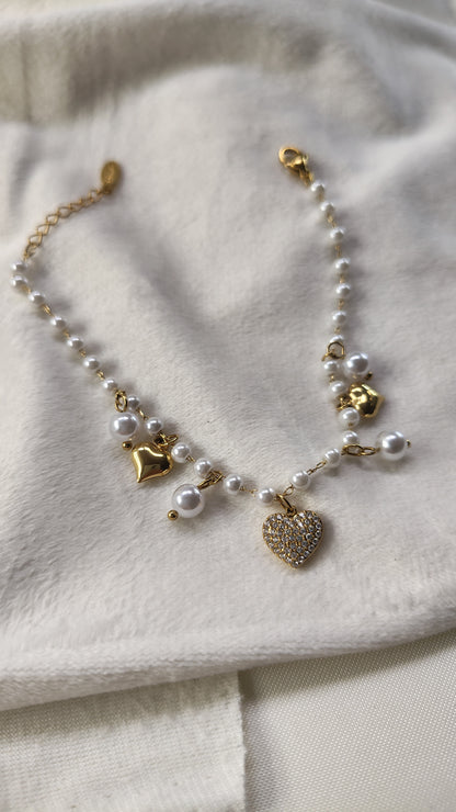 Bracciale Perle e Cuori in Acciaio Inossidabile | Nuara Bijoux