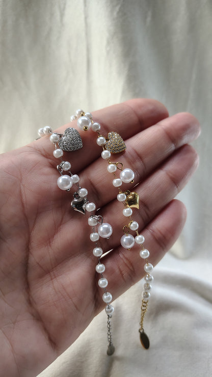 Bracciale Perle e Cuori in Acciaio Inossidabile | Nuara Bijoux