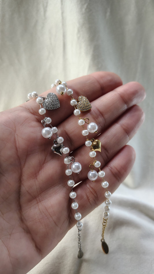 Bracciale Perle e Cuori in Acciaio Inossidabile | Nuara Bijoux