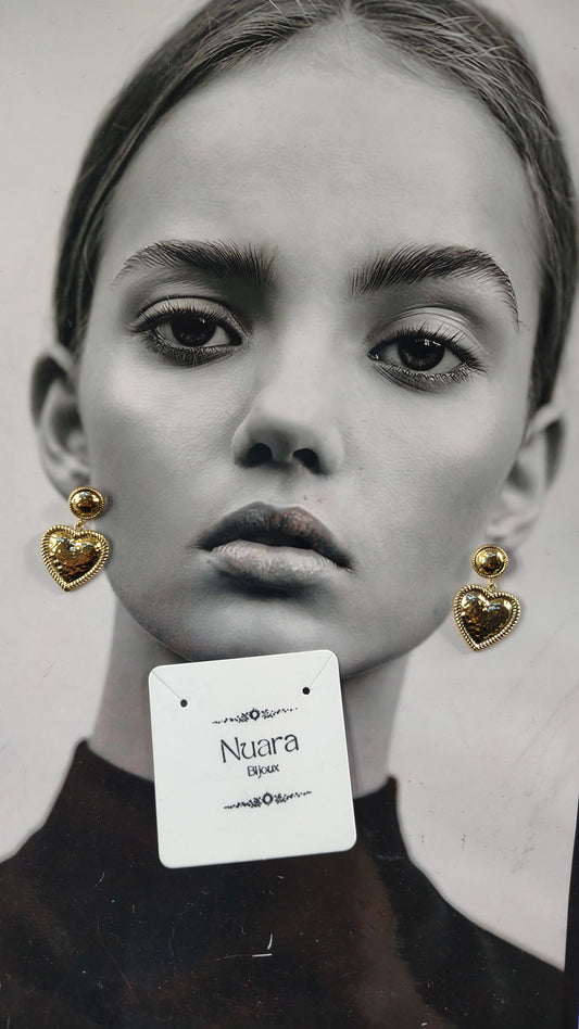 Orecchini Pendenti Cuore Martellato in Acciaio Inossidabile | Nuara Bijoux