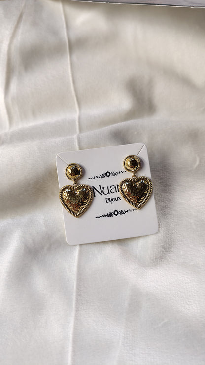 Orecchini Pendenti Cuore Martellato in Acciaio Inossidabile | Nuara Bijoux