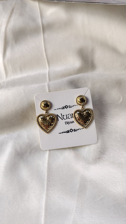 Orecchini Pendenti Cuore Martellato in Acciaio Inossidabile | Nuara Bijoux