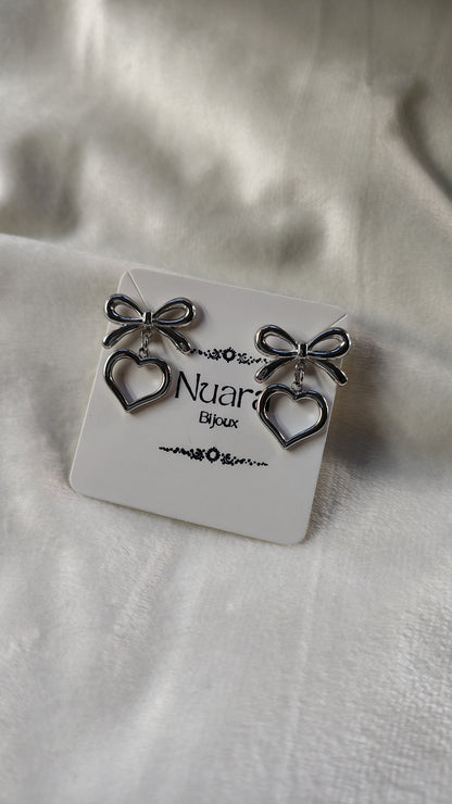 Orecchini Pendenti Fiocco con Cuore in Acciaio Inossidabile | Nuara Bijoux