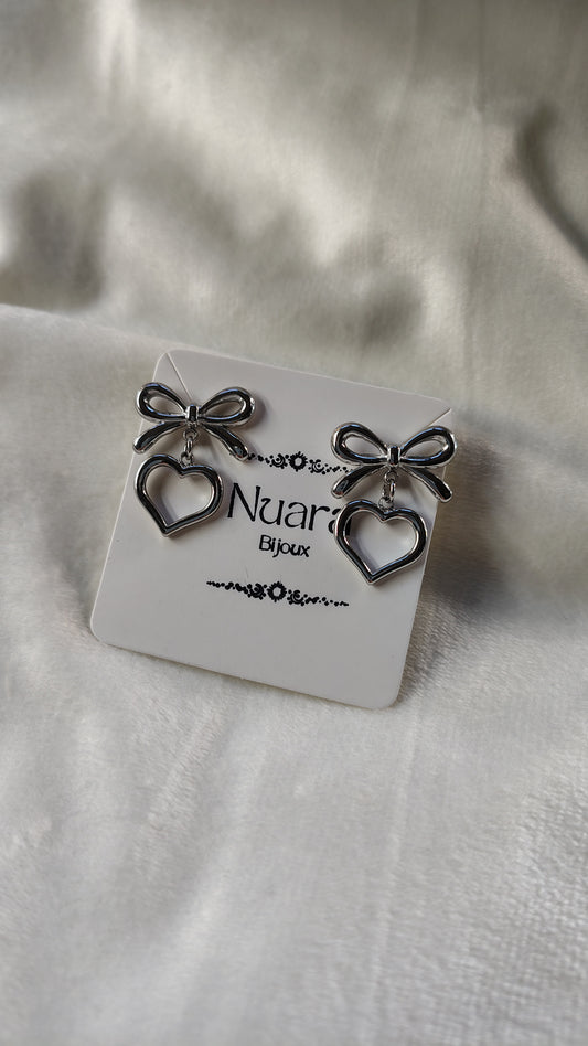 Orecchini Pendenti Fiocco con Cuore in Acciaio Inossidabile | Nuara Bijoux